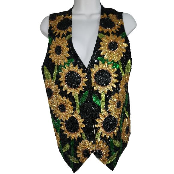 Vintage 80s Sequin Sunflower Vest With Adjustable Tie In Back Spring Summer Sz M - Picture 2 of 5